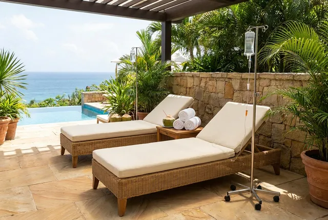 Two nurses setting up group IV drips for guests at a Bali villa event