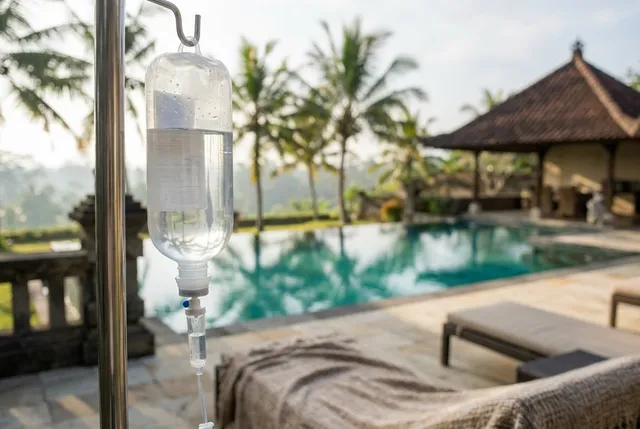 Nurse setting up a hangover recovery IV drip for a guest at a Bali villa
