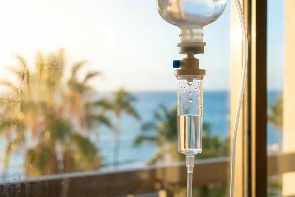 Hydration and energy IV drip bag prepared by a nurse in a Bali villa
