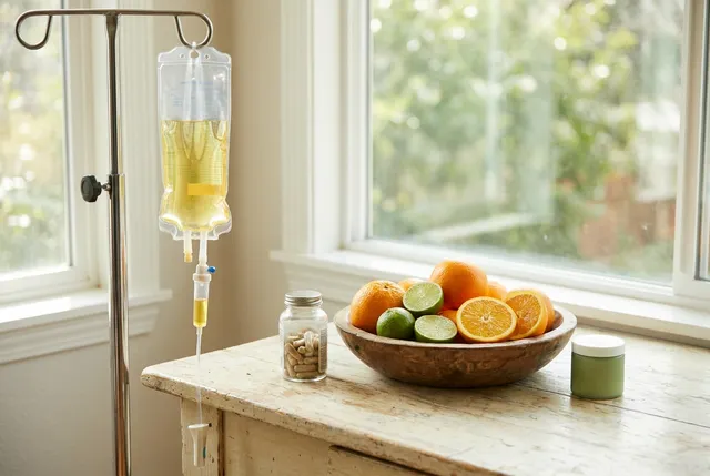 Immunity boost IV drip with vitamin C being prepared at a villa in Bali