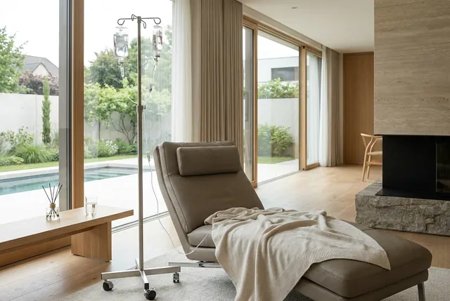 NAD+ IV therapy slow infusion set up beside a daybed at a Bali villa